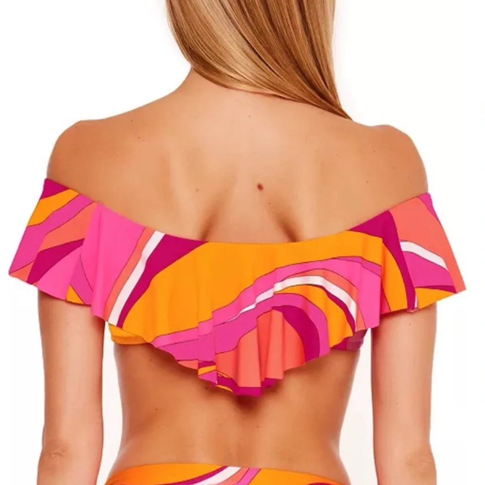 Trina Turk Women’s 4 Swim Spa Collection Multi Pink Off-Shoulder Bikini Top NWT
